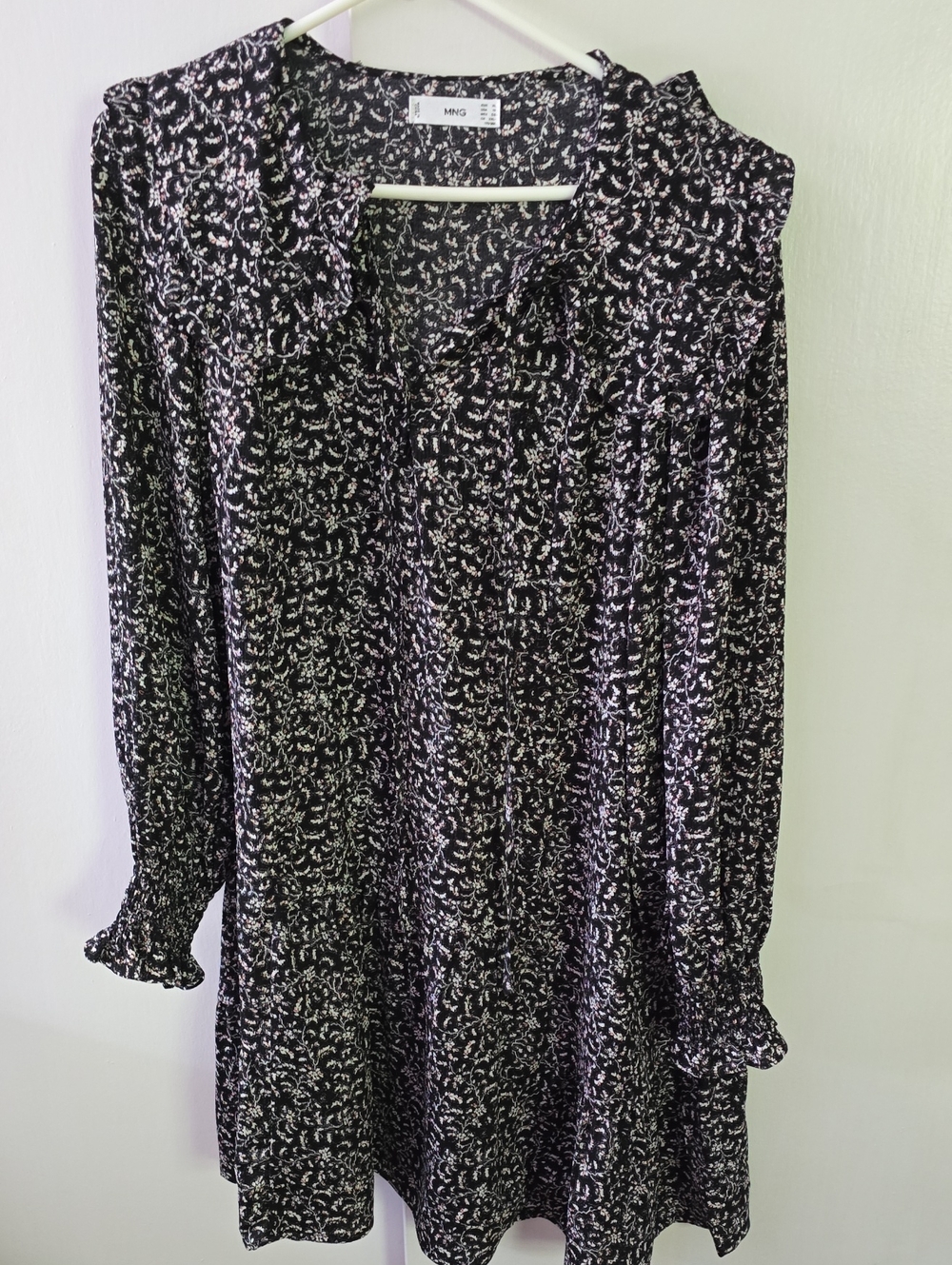 MNG Black Floral Long-Sleeve Ruffle Tunic Dress